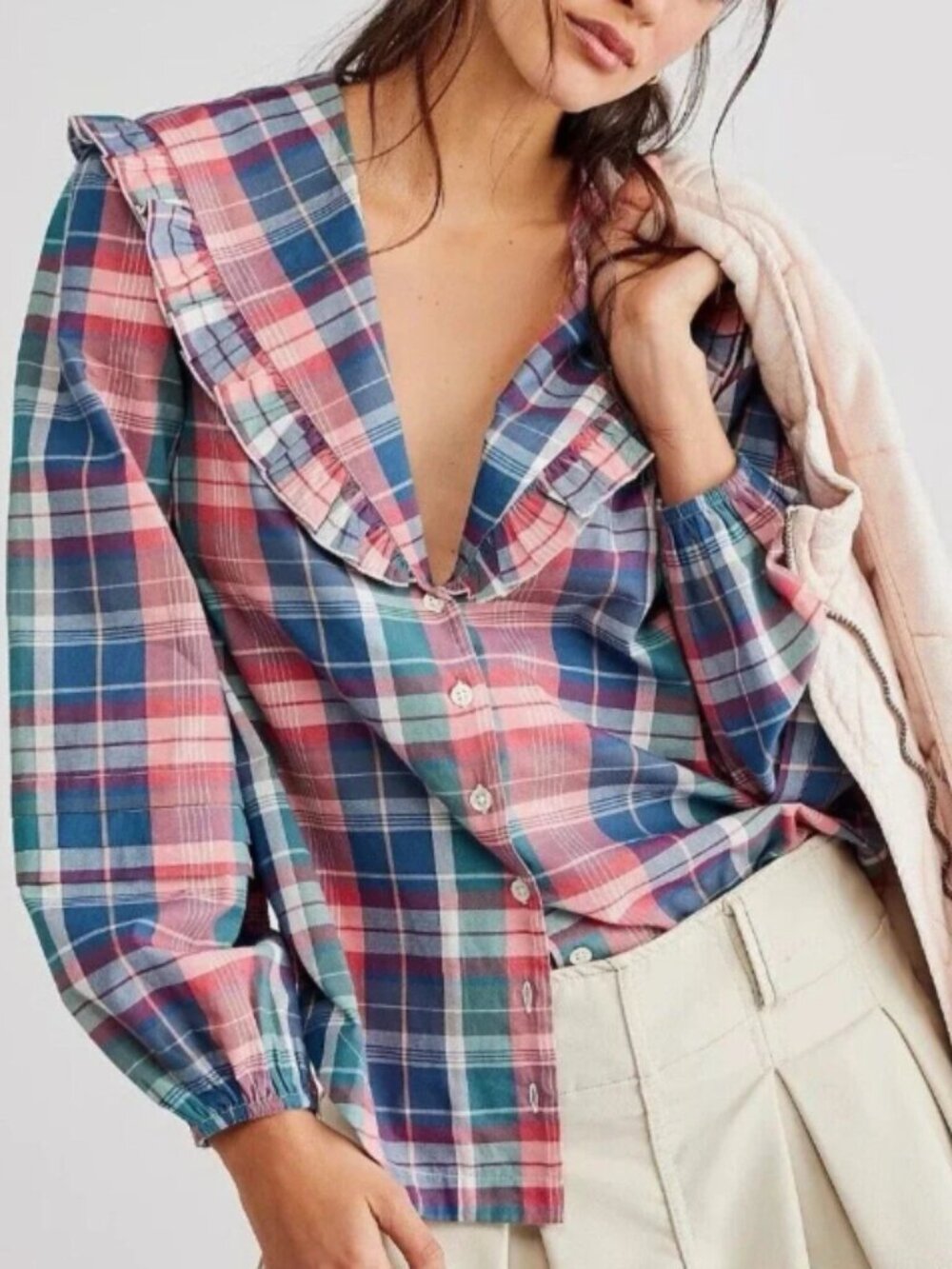 Free People Wide Collar Plaid Button Down | XS